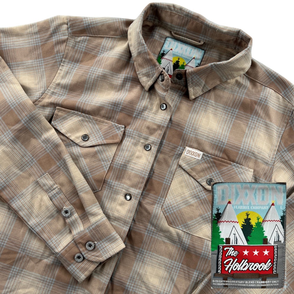 Dixxon Flannel The Holbrook Shirt Women L Brown Plaid Pearl Snap D-Tech Western